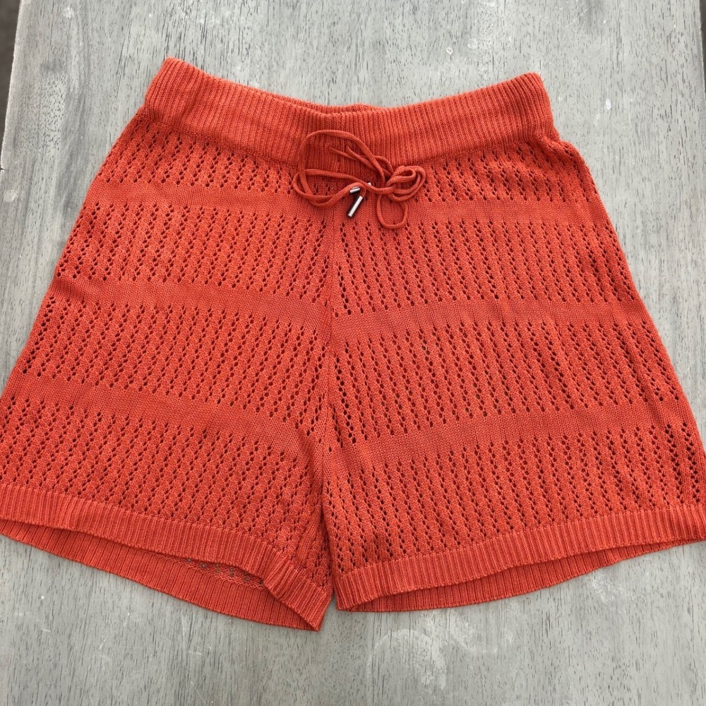 Burnt Orange Pointelle Knit Drawstring Shorts Medium Summer Beach Cover Up